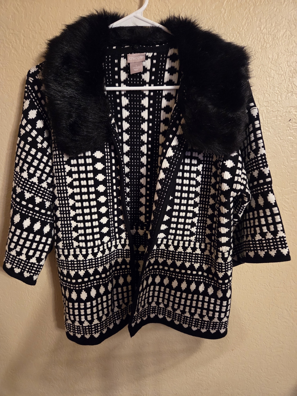 Chico's Black and White Geometric Open Cardigan with Faux Fur Collar 1